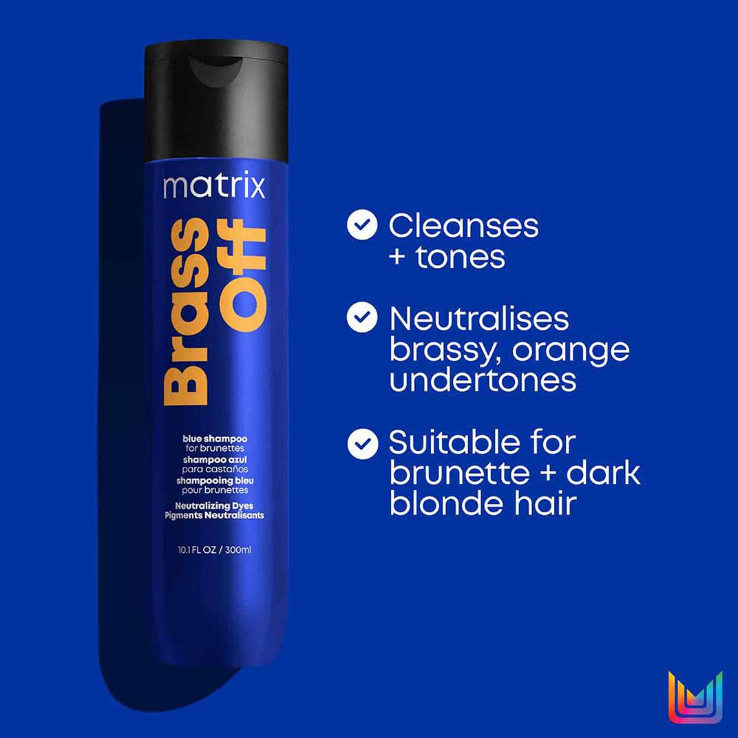 Matrix Brass Off Shampoo 300ml bottle on a blue background with benefits including cleansing, toning and neutralising brassy orange undertones in brunette and dark blonde hair