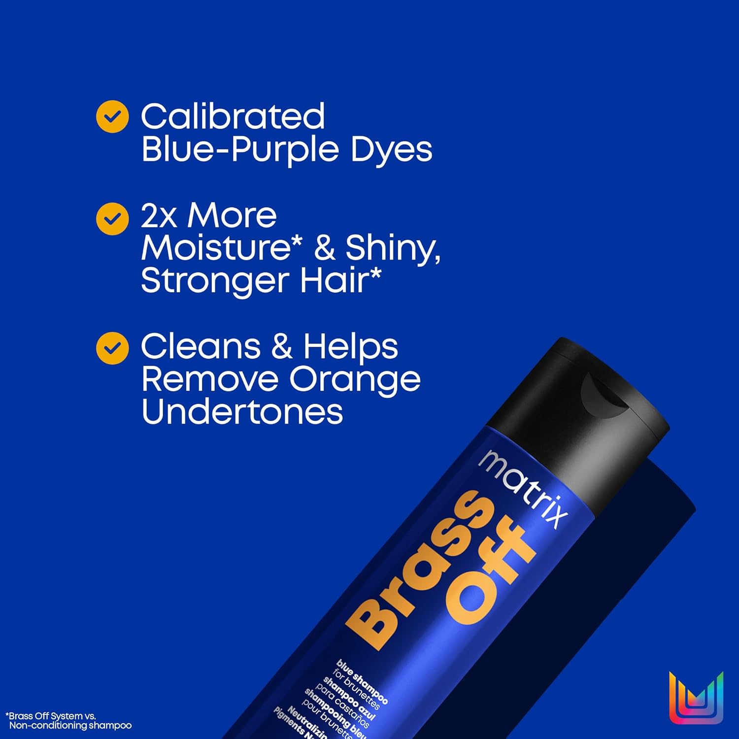 Matrix Total Results Brass Off Shampoo 300ml bottle on a blue background, highlighting blue-purple pigments, added moisture and help removing orange undertones
