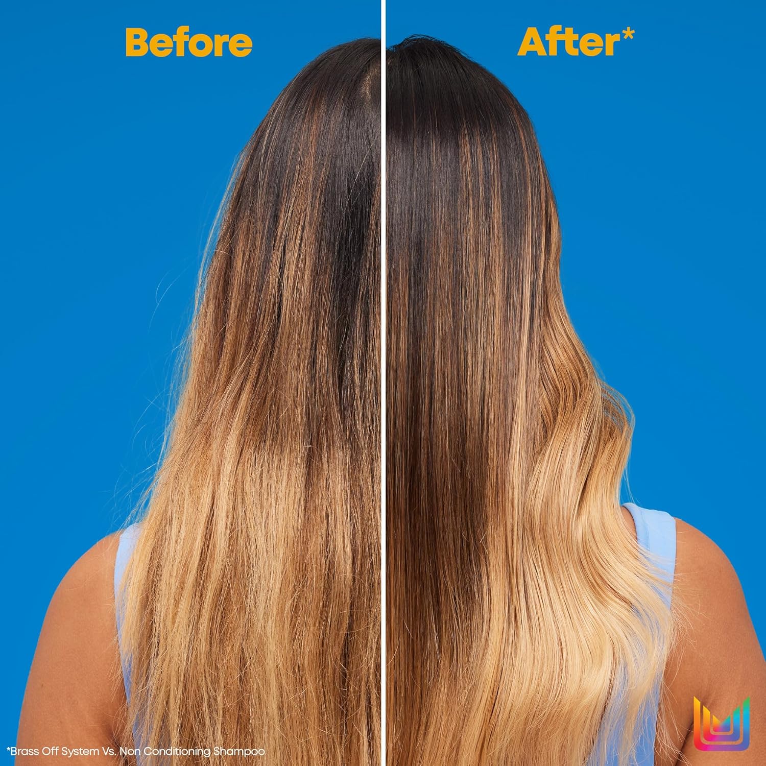 Before-and-after view of long brunette-to-blonde ombré hair, showing a smoother, shinier appearance after using the Matrix Brass Off haircare system