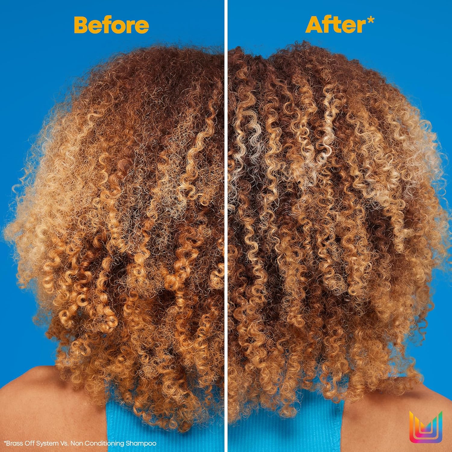 Before-and-after view of naturally curly brunette and blonde hair, showing more defined, moisturised-looking curls after using Matrix Brass Off
