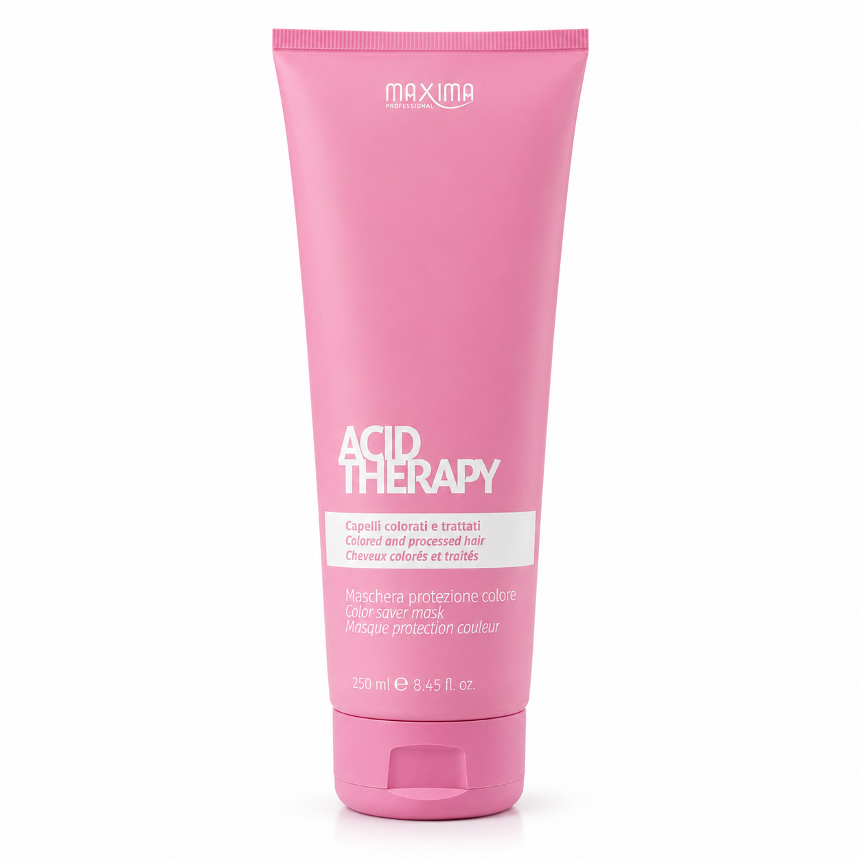 Maxima Acid Therapy Color Saver Mask 250ml professional hair mask for coloured and chemically treated hair. Nourishing colour protection treatment that hydrates, repairs damaged hair, helps prevent colour fade, reduces frizz and enhances softness and shine.