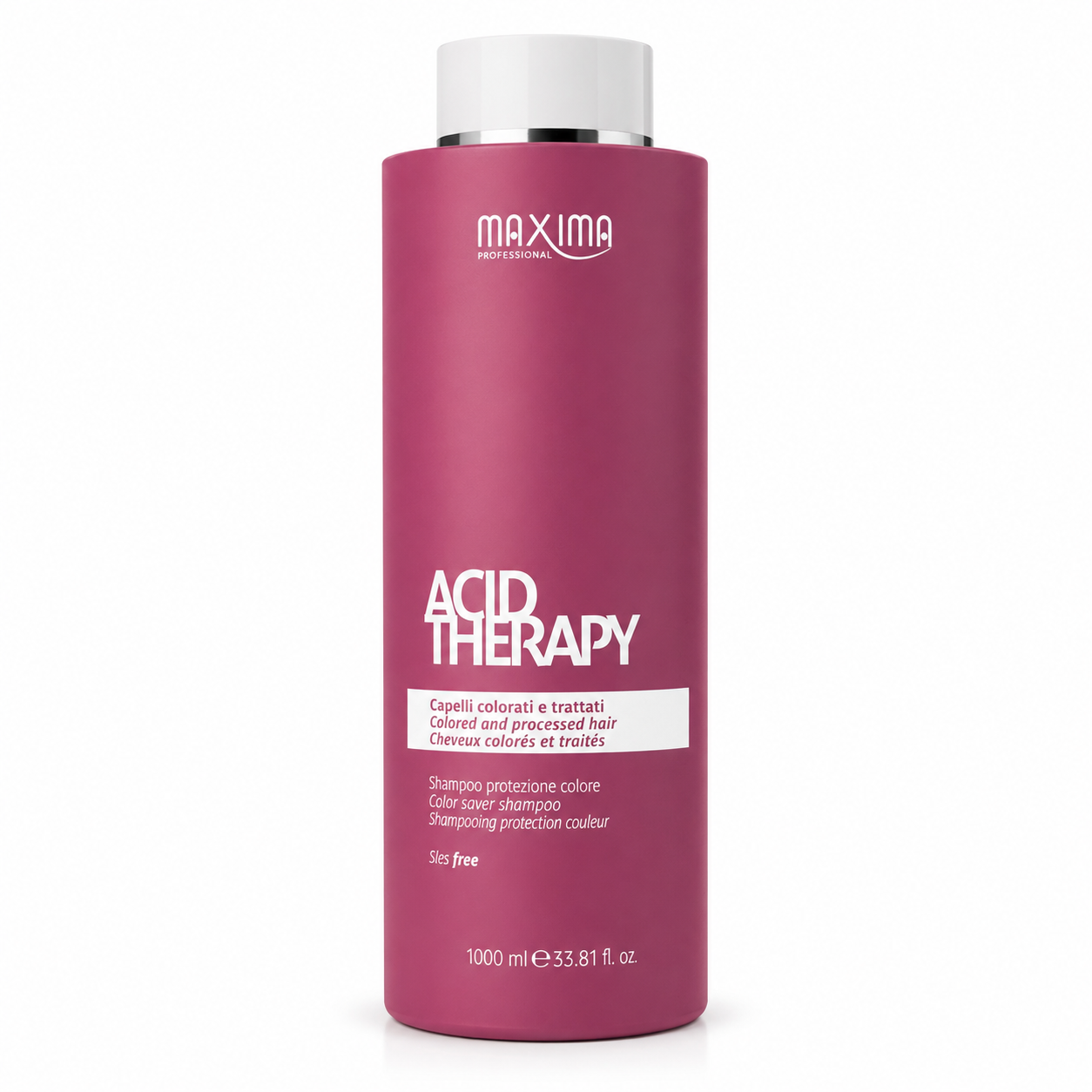Maxima Acid Therapy Color Saver Shampoo 1000ml professional sulphate-free shampoo for coloured and chemically treated hair. Gently cleanses while protecting hair colour, preventing fade, restoring moisture, enhancing shine and leaving colour-treated hair soft, healthy and vibrant.