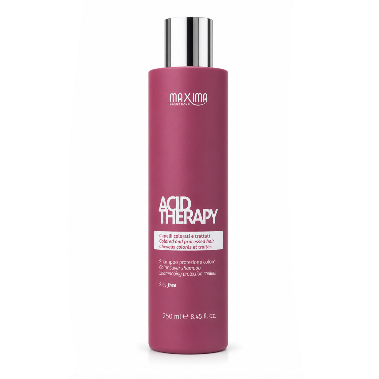 Maxima Acid Therapy Color Saver Shampoo 250ml professional sulphate-free shampoo for coloured and chemically treated hair. Gently cleanses while protecting hair colour, preventing colour fade, restoring hydration, enhancing shine and leaving hair soft, healthy and vibrant after every wash.