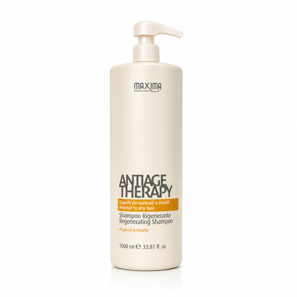 Maxima AntiAge Therapy Regenerating Shampoo 1000ml professional shampoo with argan oil and keratin for normal to dry hair. Deeply nourishing formula that cleanses, hydrates, repairs damage, improves strength and elasticity, reduces frizz and enhances softness and shine.