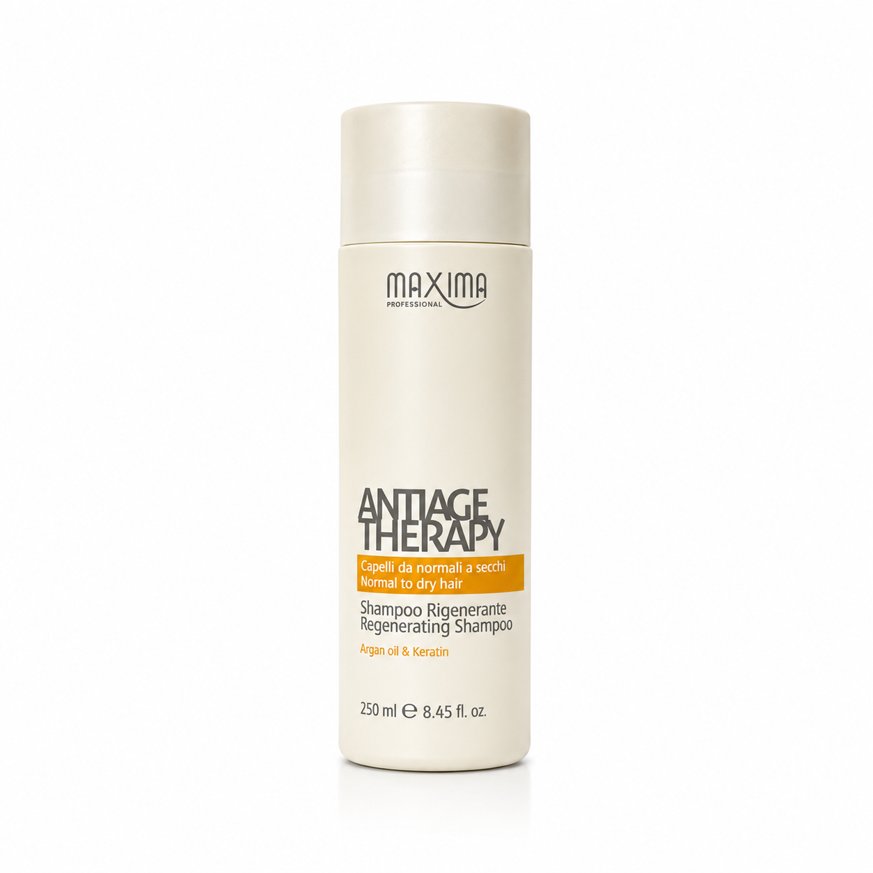 Maxima AntiAge Therapy Regenerating Shampoo 250ml professional shampoo with argan oil and keratin for normal to dry hair. Nourishing formula that gently cleanses, repairs damaged hair, restores moisture, strengthens hair fibres, reduces frizz and leaves hair soft, smooth and healthy.