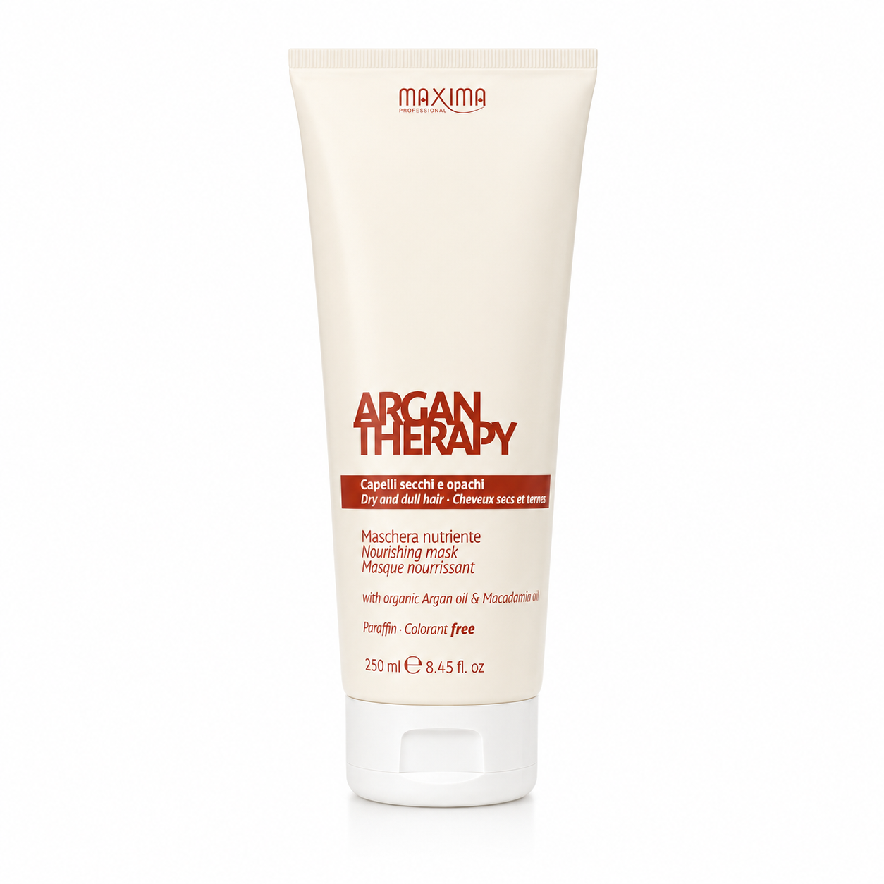 Maxima Argan Therapy Nourishing Mask 250ml professional deep conditioning hair mask with organic argan oil and macadamia oil for dry, dull hair. Intensely hydrates, repairs damaged hair, reduces frizz, restores softness, enhances shine and improves manageability.