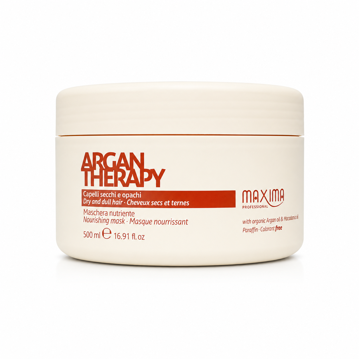 Maxima Argan Therapy Nourishing Mask 500ml professional deep conditioning hair treatment with organic argan oil and macadamia oil for dry, dull hair. Rich nourishing formula that restores moisture, repairs damage, smooths frizz, strengthens hair and leaves hair soft, silky and glossy.