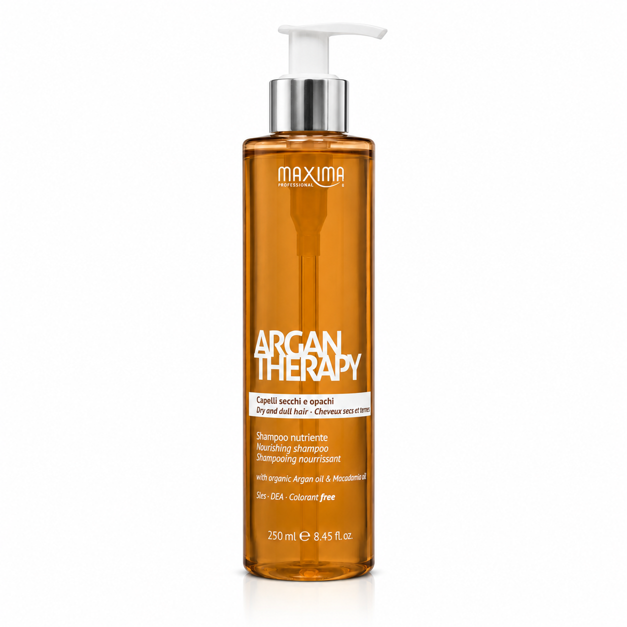 Maxima Argan Therapy Nourishing Shampoo 250ml professional shampoo with organic argan oil and macadamia oil for dry, dull hair. Sulphate-free nourishing formula that gently cleanses, deeply hydrates, restores softness, reduces frizz, enhances shine and helps strengthen dry, damaged hair.