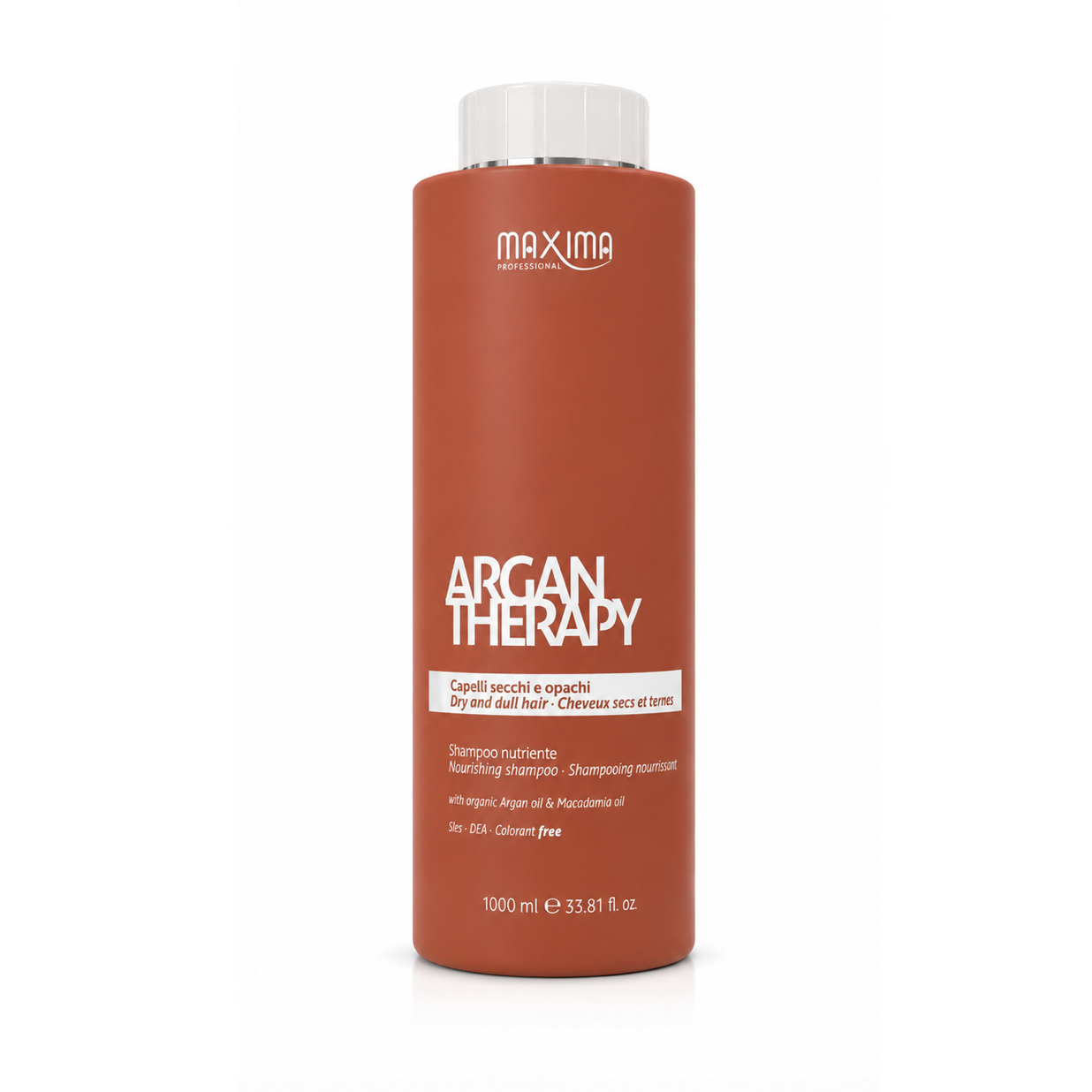 Maxima Argan Therapy Nourishing Shampoo 1000ml professional shampoo with organic argan oil and macadamia oil for dry, dull hair. Deeply nourishing formula that gently cleanses, restores moisture, repairs damaged hair, reduces frizz, enhances shine and leaves hair soft, smooth and healthy.