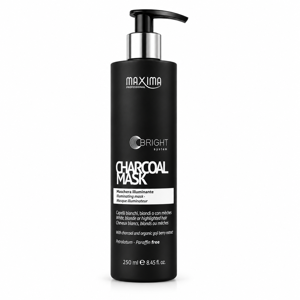 Maxima Bright System Charcoal Mask 250ml professional illuminating hair mask with charcoal and organic goji berry extract for white, blonde and highlighted hair. Neutralises unwanted yellow tones, deeply conditions, enhances cool blonde shades, restores softness and leaves hair bright, silky and glossy.