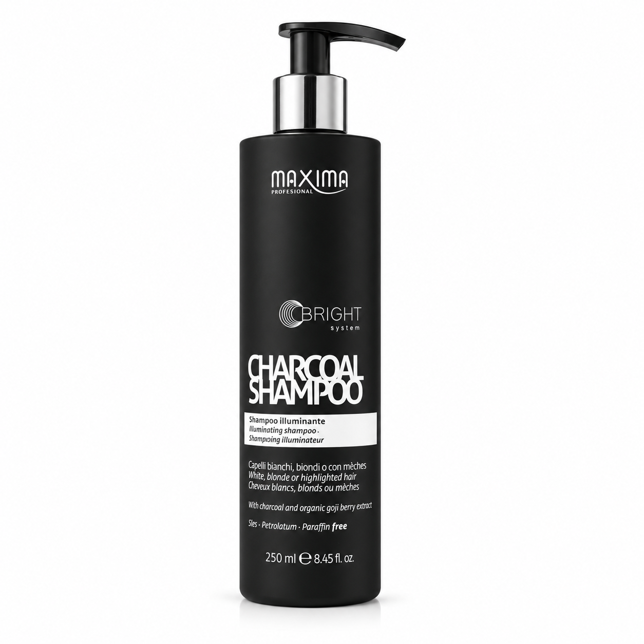 Maxima Bright System Charcoal Shampoo 250ml professional illuminating purple shampoo with charcoal and organic goji berry extract for white, blonde and highlighted hair. Neutralises unwanted yellow tones, brightens cool blonde shades, enhances shine and leaves hair soft, vibrant and refreshed.