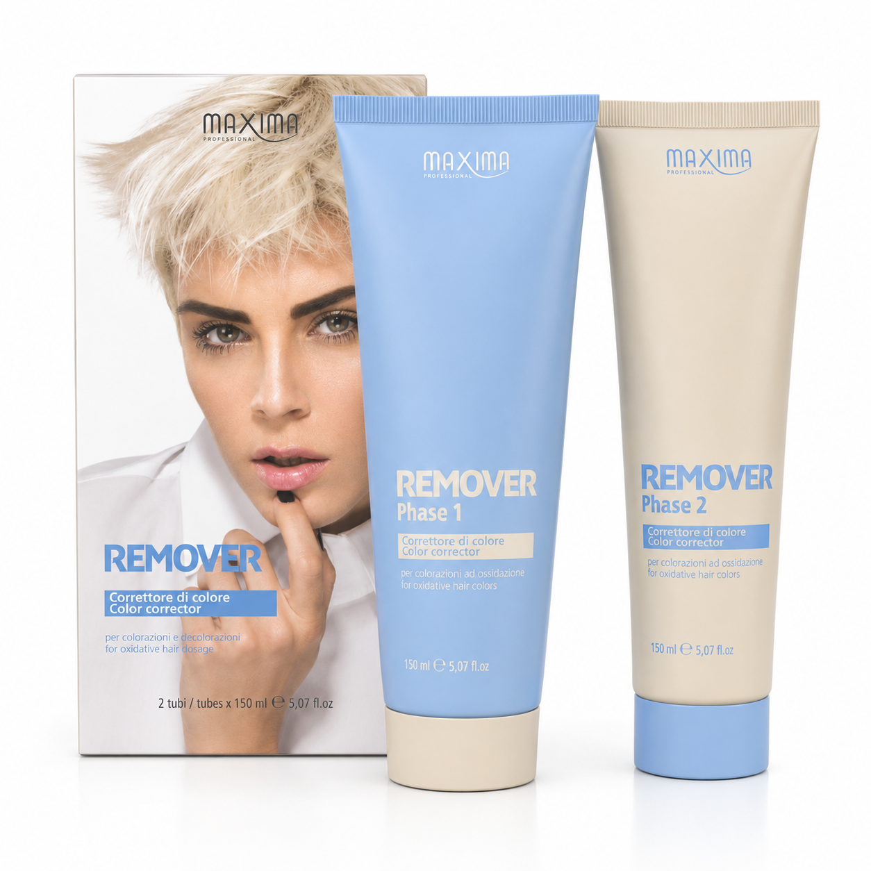 Maxima Professional Remover Color Corrector Kit with Phase 1 and Phase 2 colour remover for safely removing permanent oxidative hair colour