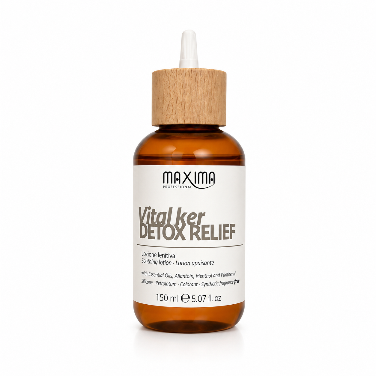 Maxima VitalKer Detox Relief Soothing Lotion 150ml professional scalp treatment with essential oils, allantoin, menthol and panthenol to soothe irritated, sensitive and itchy scalps. Silicone-free detox scalp lotion that calms discomfort, refreshes the scalp and supports a healthy hair care routine.