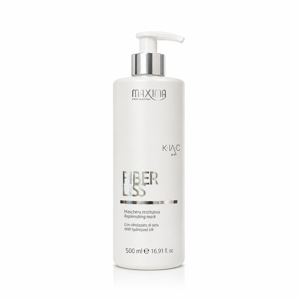 Maxima Fiber Liss Replenishing Mask 500ml professional hair repair treatment with hydrolysed silk for dry, damaged and chemically treated hair. Deep conditioning smoothing mask that restores moisture, strengthens hair fibres, reduces frizz and leaves hair soft, shiny and manageable.