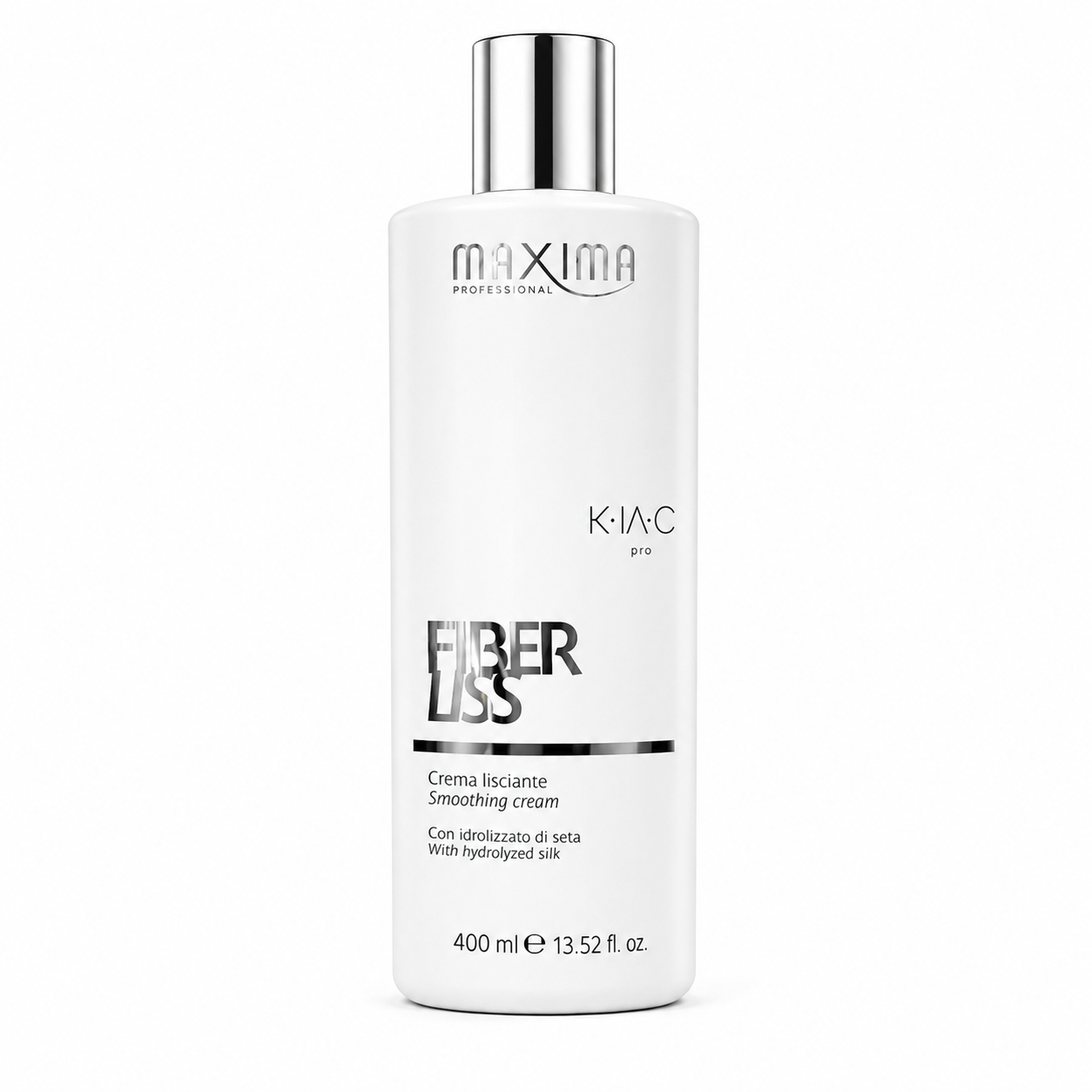 Maxima Fiber Liss Smoothing Cream 400ml with hydrolyzed silk for professional hair smoothing, frizz control and silky straight results salon size bottle on a white background