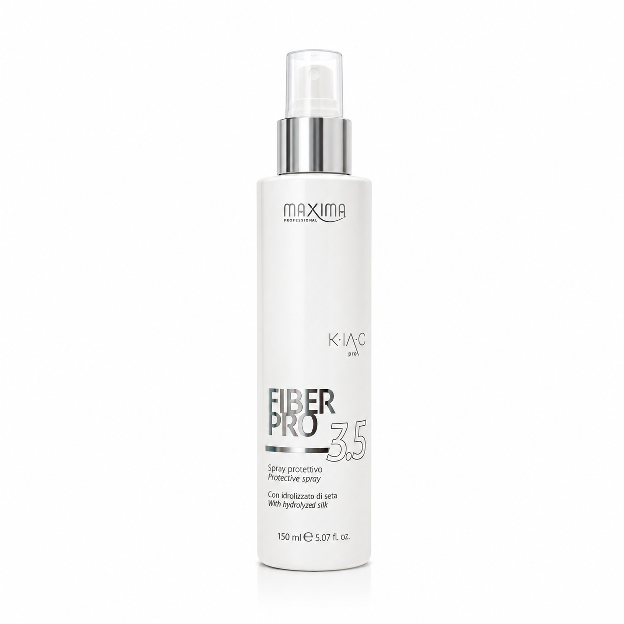 Maxima Fiber Pro 3.5 Protective Spray 150ml with hydrolyzed silk. Professional heat protection spray that shields hair from styling damage, strengthens and smooths the hair fibre, reduces frizz and breakage, enhances shine, and leaves hair soft, protected and easier to style.