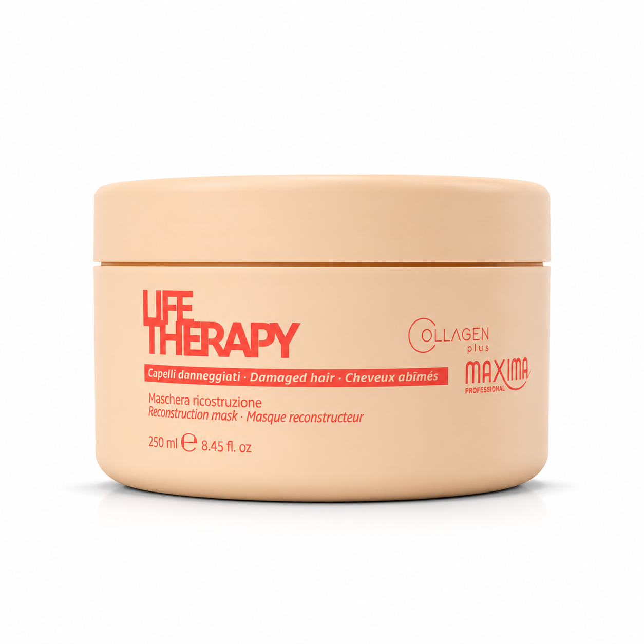 Maxima Life Therapy Reconstruction Mask 250ml with Collagen Plus for damaged hair. Professional intensive hair treatment that deeply nourishes, repairs damaged fibres, strengthens hair, restores elasticity, reduces breakage and leaves hair soft, smooth and healthy-looking.