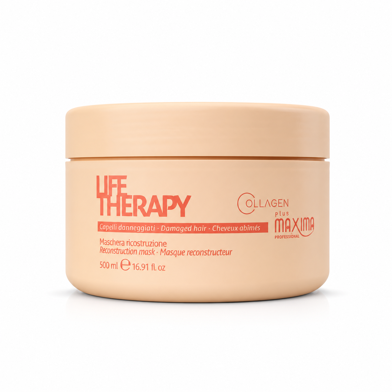 Maxima Life Therapy Reconstruction Mask 500ml with Collagen Plus for damaged hair. Professional deep conditioning hair mask that repairs damaged fibres, strengthens and restores elasticity, reduces breakage, improves softness and shine, and leaves hair healthy, smooth and revitalised.
