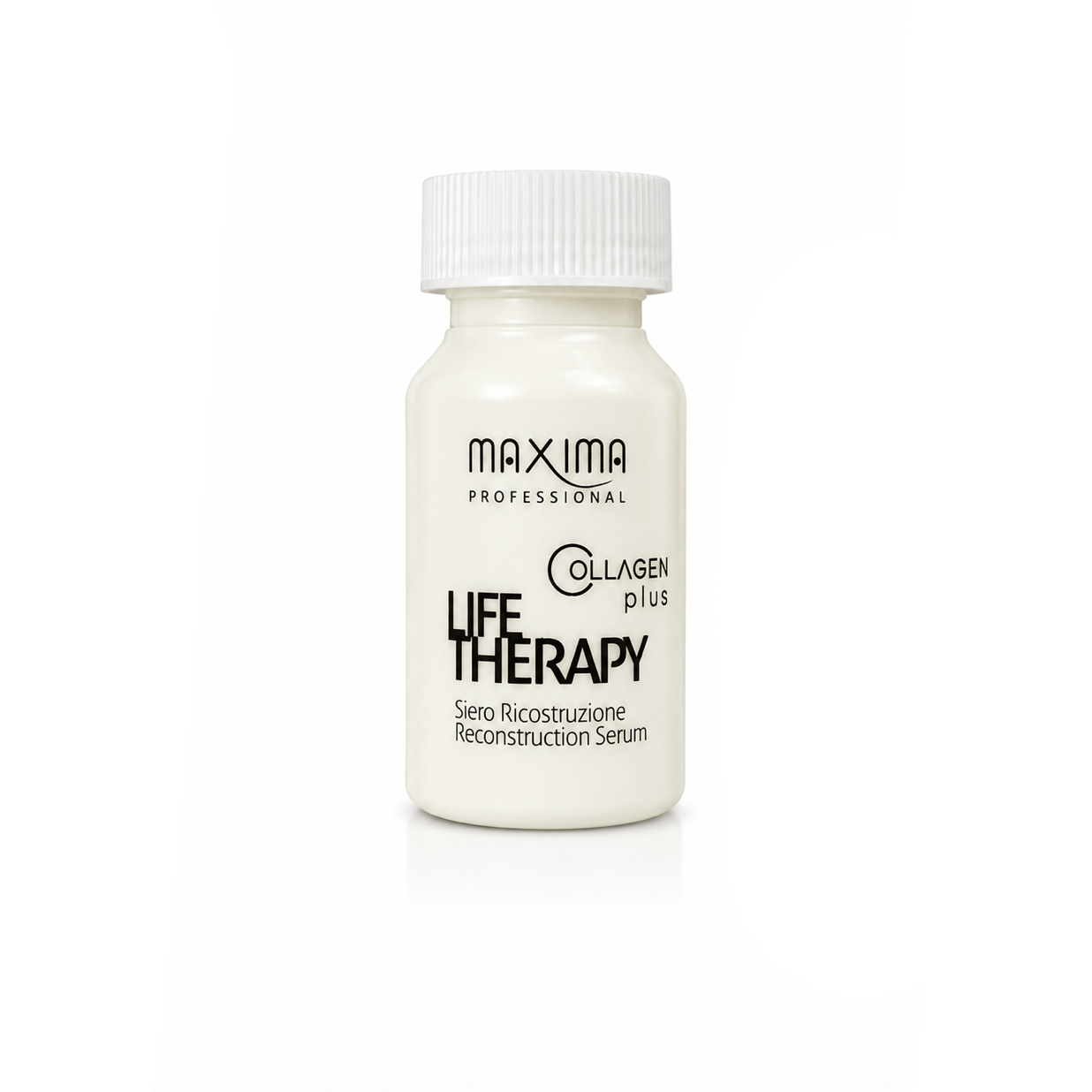 Maxima Life Therapy Collagen Plus Reconstruction Serum vial for damaged hair. Professional intensive reconstructing hair serum that helps repair weakened hair fibres, strengthens and restores elasticity, reduces breakage, and leaves hair smoother, healthier and more resilient.