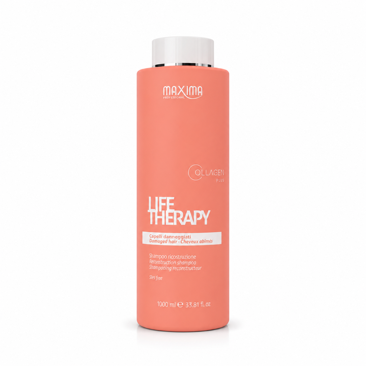Maxima Life Therapy Reconstruction Shampoo 1000ml professional sulphate-free shampoo with Collagen Plus for damaged hair. Deeply reconstructing formula that cleanses, repairs damaged hair, strengthens hair fibres, restores hydration, reduces breakage and enhances softness, shine and manageability.