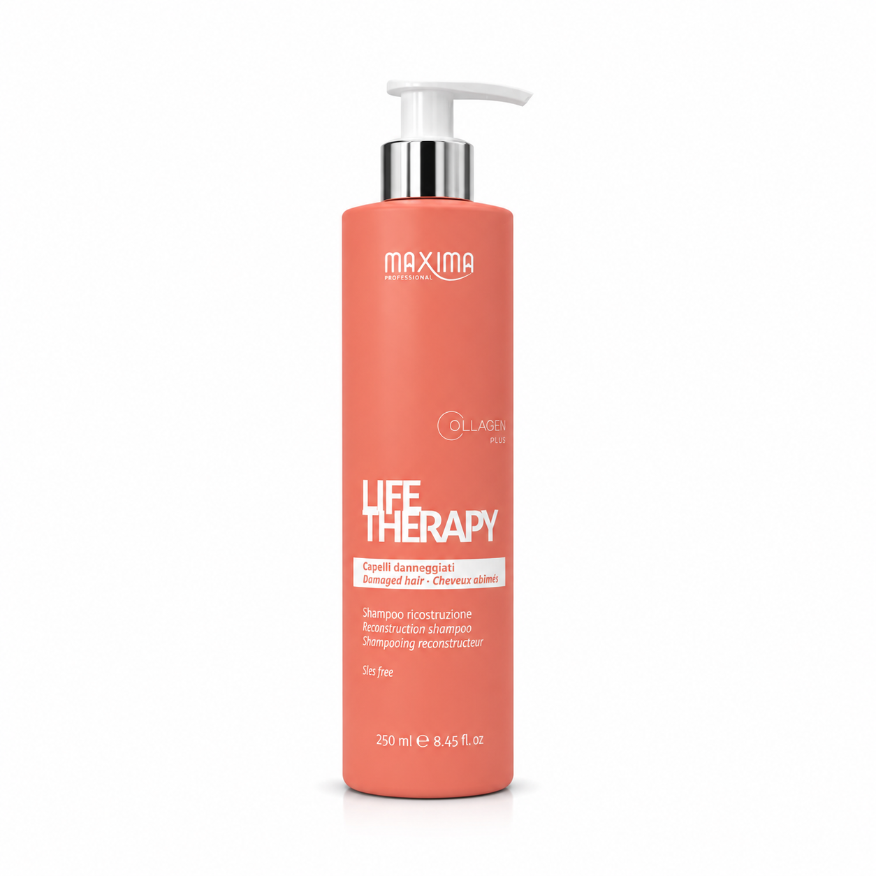 Maxima Life Therapy Reconstruction Shampoo 250ml professional sulphate-free shampoo with Collagen Plus for damaged hair. Reconstructing formula that gently cleanses, strengthens weakened hair fibres, repairs damage, restores moisture, reduces breakage and leaves hair soft, smooth and healthy.