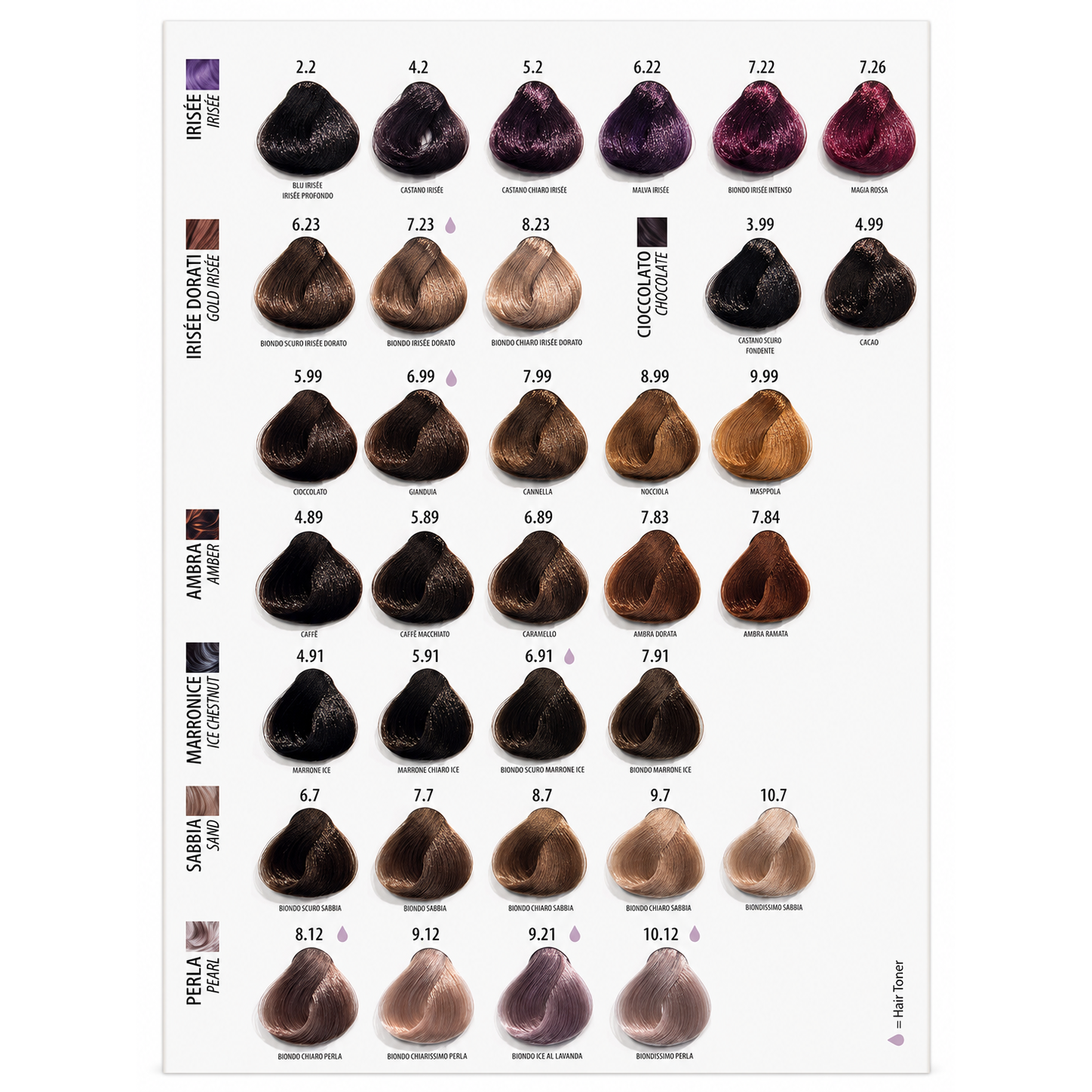 Maxima Professional Colour Swatch Chart 2026 displaying iridescent, gold iridescent, chocolate, amber, ice chestnut, sand and pearl hair colour shades