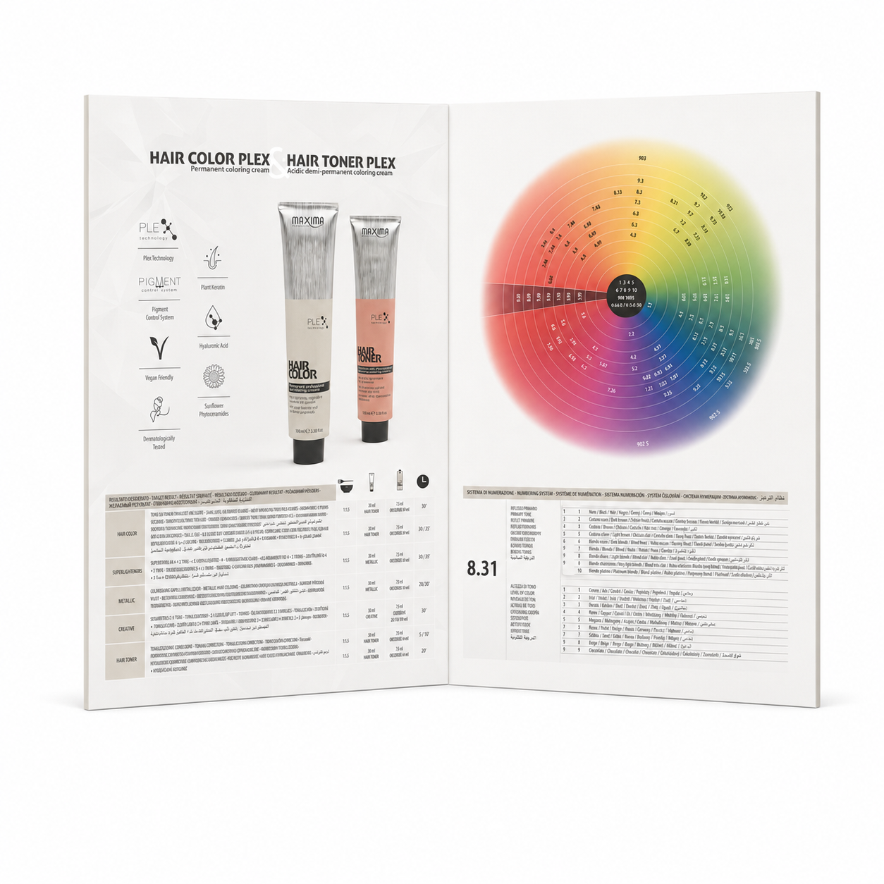 Open Maxima Professional Colour Swatch Chart 2026 featuring Hair Color Plex and Hair Toner Plex products, shade wheel, numbering system and professional mixing guide