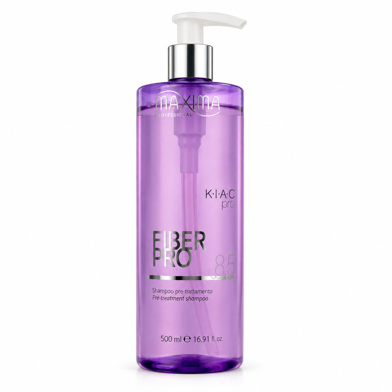 Maxima Professional Fiber Pro Pre-Treatment Shampoo 500ml for cleansing and preparing hair before professional smoothing and straightening treatments. salon size bottle with white pump on a white background
