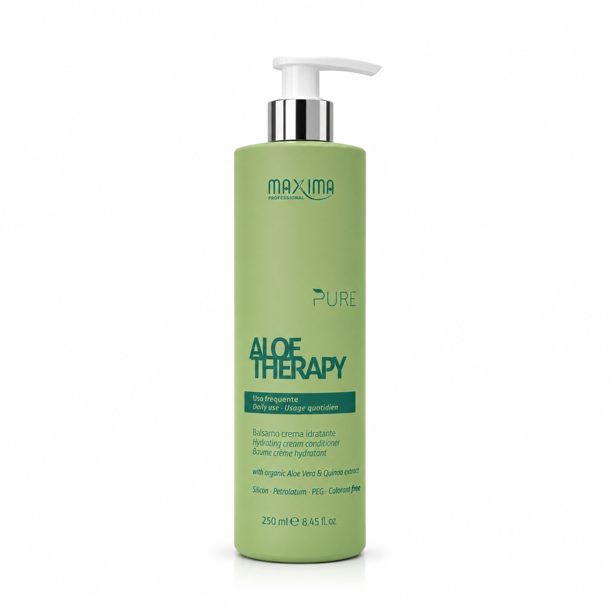 Maxima Pure Aloe Therapy Hydrating Cream Conditioner 250ml professional daily conditioner with organic aloe vera and quinoa extract. Moisturising formula for dry and dehydrated hair that detangles, smooths frizz, restores softness, boosts shine and leaves hair healthy and manageable.