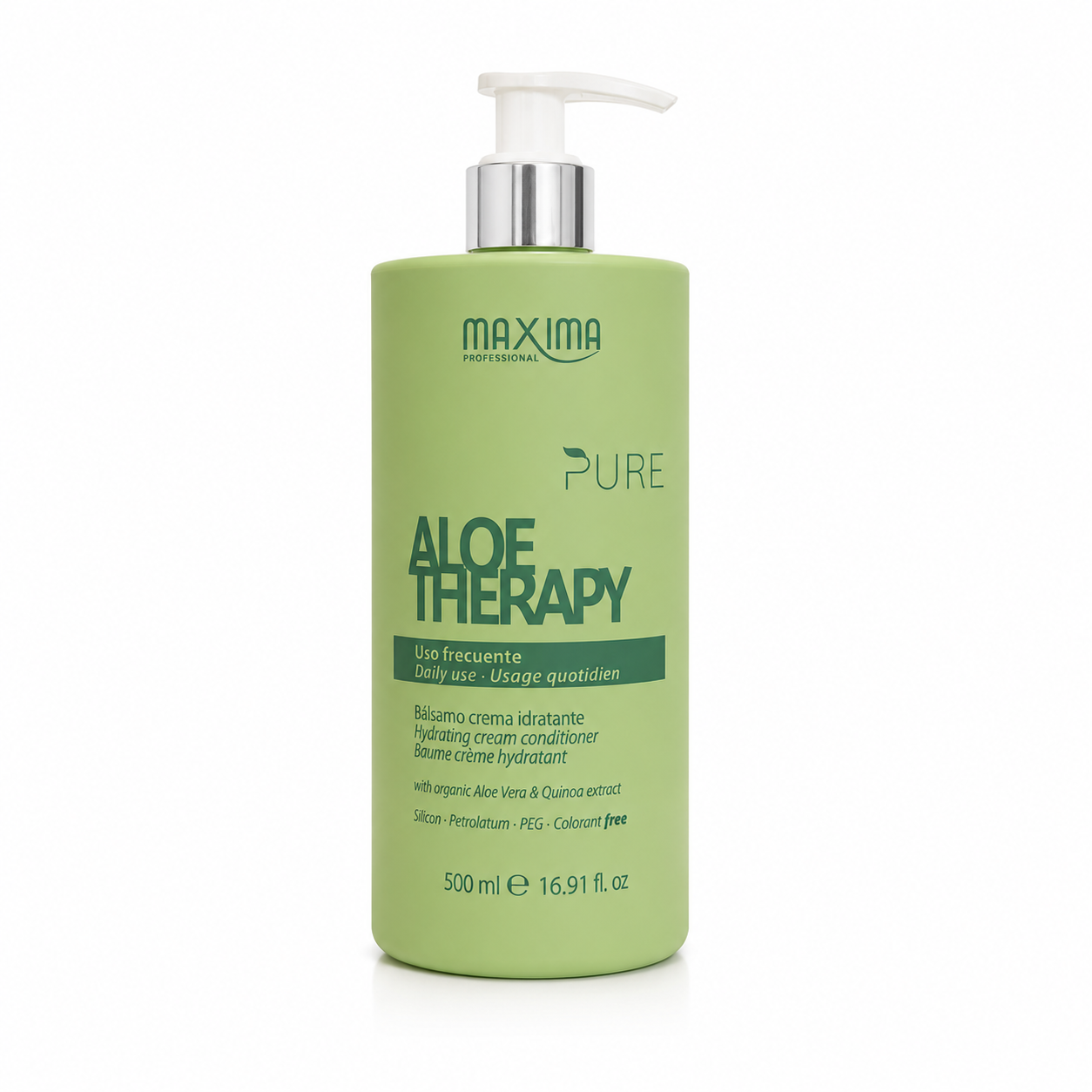 Maxima Pure Aloe Therapy Hydrating Cream Conditioner 500ml professional daily conditioner with organic aloe vera and quinoa extract. Deeply hydrates, nourishes and detangles dry, dehydrated hair while improving softness, shine, manageability and reducing frizz for healthy-looking hair.