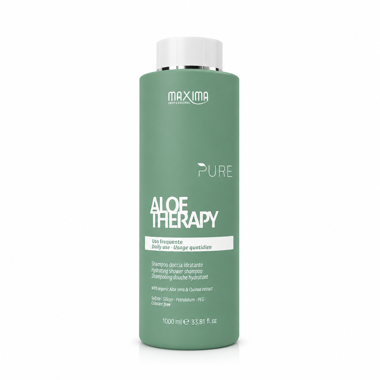 Maxima Pure Aloe Therapy Hydrating Shower Shampoo 1000ml professional daily shampoo with organic aloe vera and quinoa extract. Sulphate-free hydrating formula that gently cleanses dry, dehydrated hair, restores moisture, reduces frizz, enhances shine and leaves hair soft, healthy and manageable.