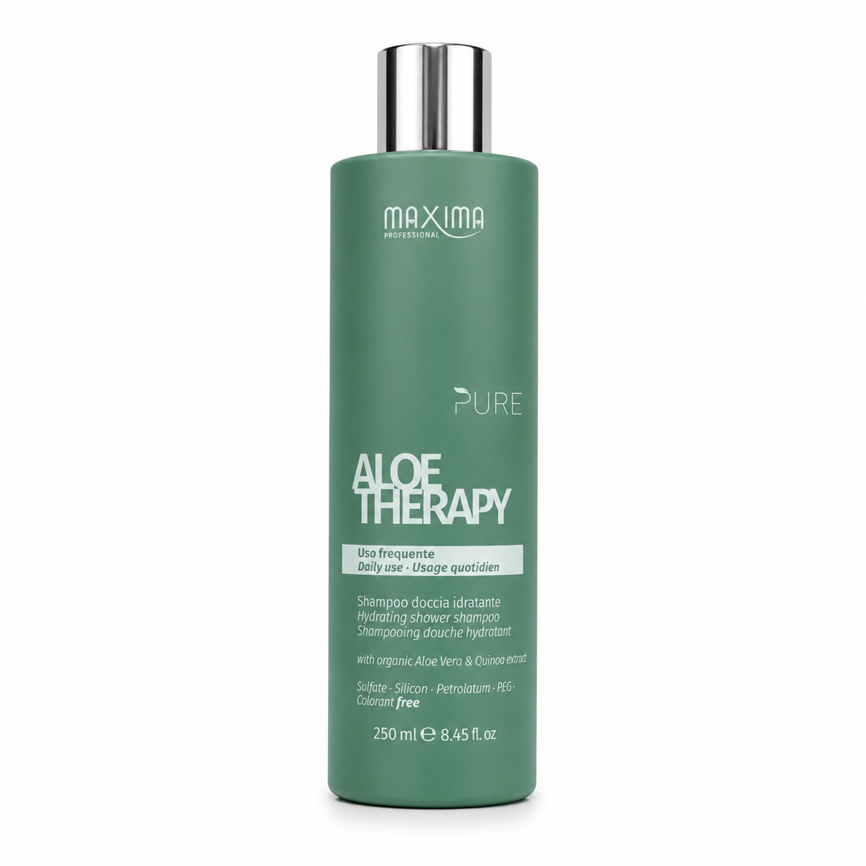 Maxima Pure Aloe Therapy Hydrating Shower Shampoo 250ml professional daily shampoo with organic aloe vera and quinoa extract. Sulphate-free moisturising shampoo for dry and dehydrated hair that gently cleanses, hydrates, smooths frizz, boosts shine and promotes soft, healthy-looking hair