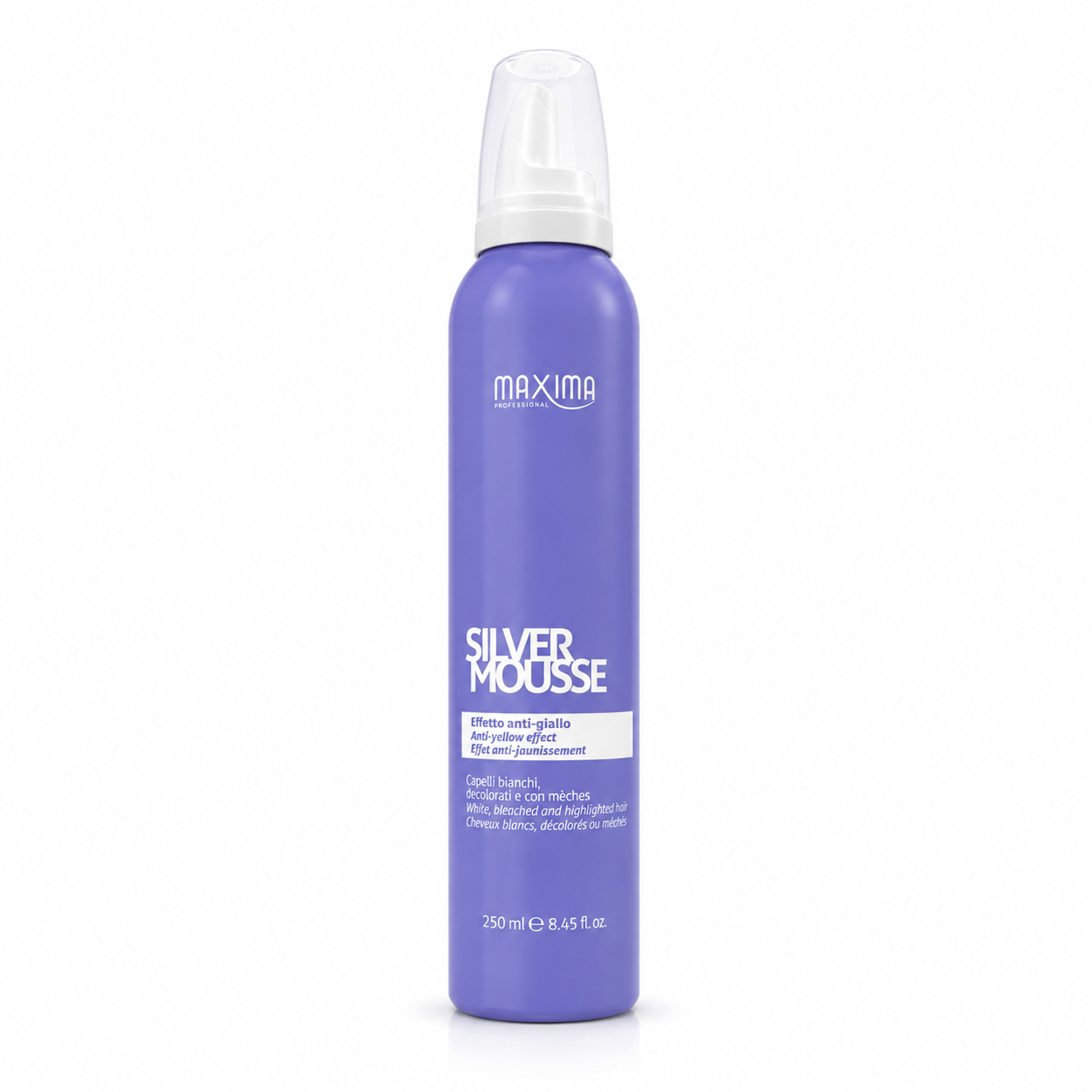 Maxima Silver Mousse 250ml anti-yellow mousse for blonde, bleached and highlighted hair. Professional purple toning mousse that neutralises unwanted yellow tones, enhances cool blonde and silver shades, adds lightweight volume, softness and shine while conditioning hair without weighing it down.
