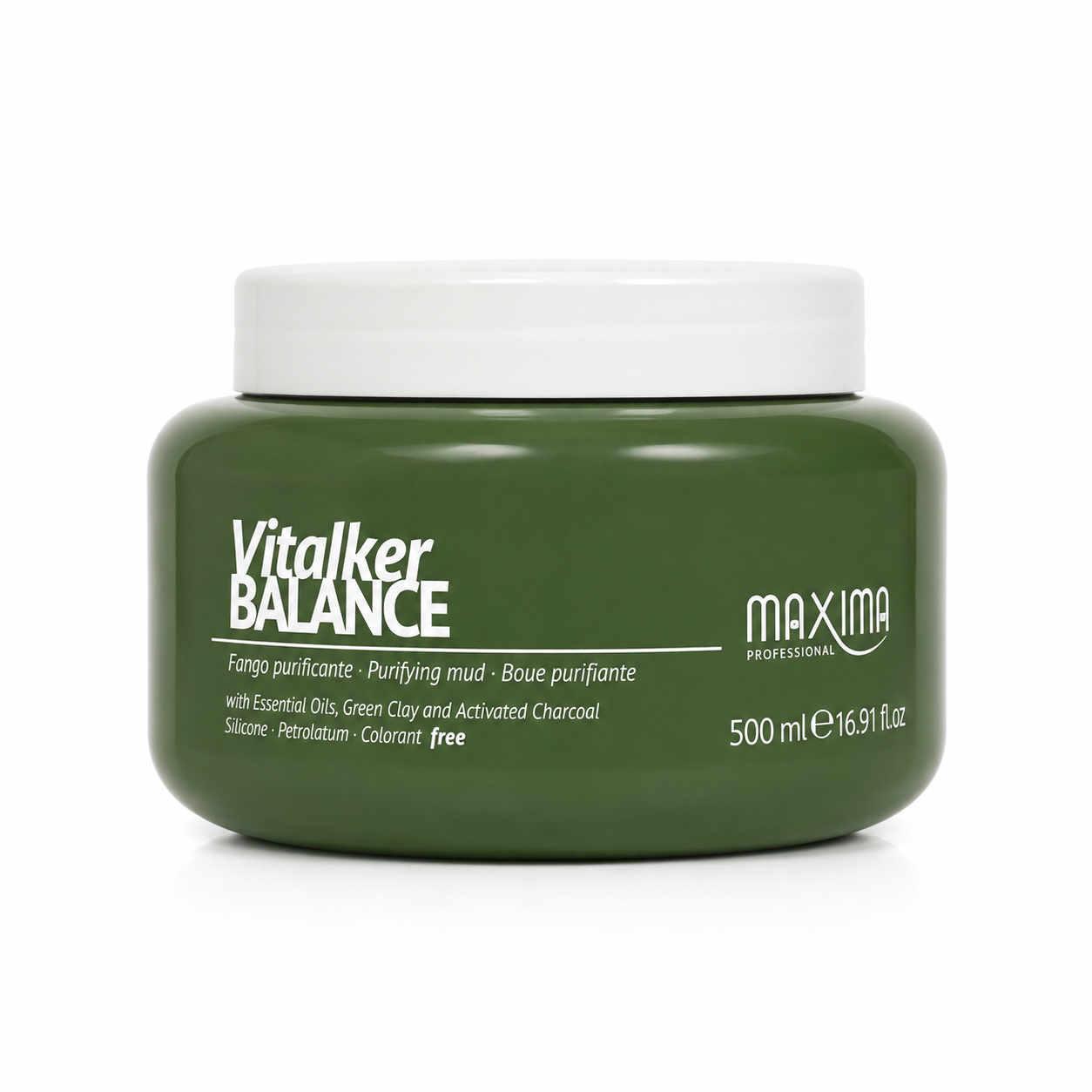 Maxima VitalKer Balance Purifying Mud 500ml professional detox scalp treatment with green clay, activated charcoal and essential oils. Deep cleansing purifying mud mask that removes excess oil, impurities and product build-up while refreshing the scalp and promoting a healthy environment for stronger, healthier hair.