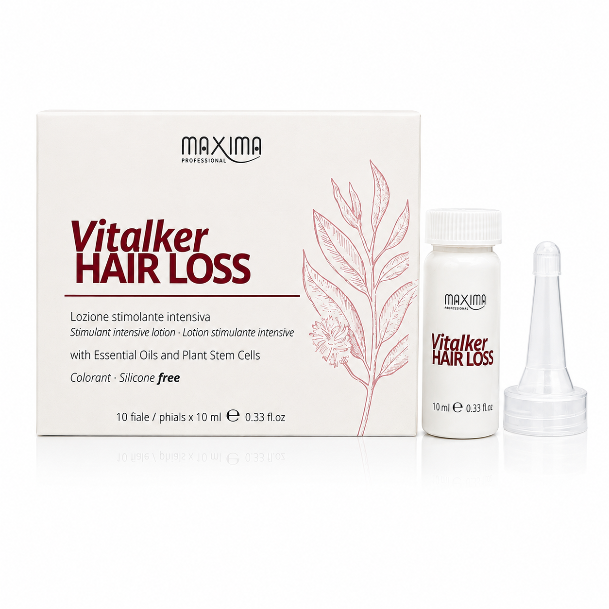 Maxima VitalKer Hair Loss Intensive Lotion 10x10ml professional hair loss treatment with essential oils and plant stem cells. Intensive scalp lotion designed to help reduce hair loss, stimulate healthy hair growth, strengthen hair follicles and support thicker, fuller-looking hair.