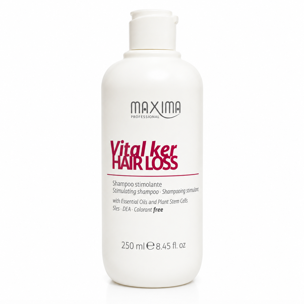 Maxima VitalKer Hair Loss Stimulating Shampoo 250ml with essential oils and plant stem cells. Professional anti-hair loss shampoo that gently cleanses, stimulates the scalp, strengthens weakened hair, helps reduce hair fall and promotes healthier, fuller-looking hair.