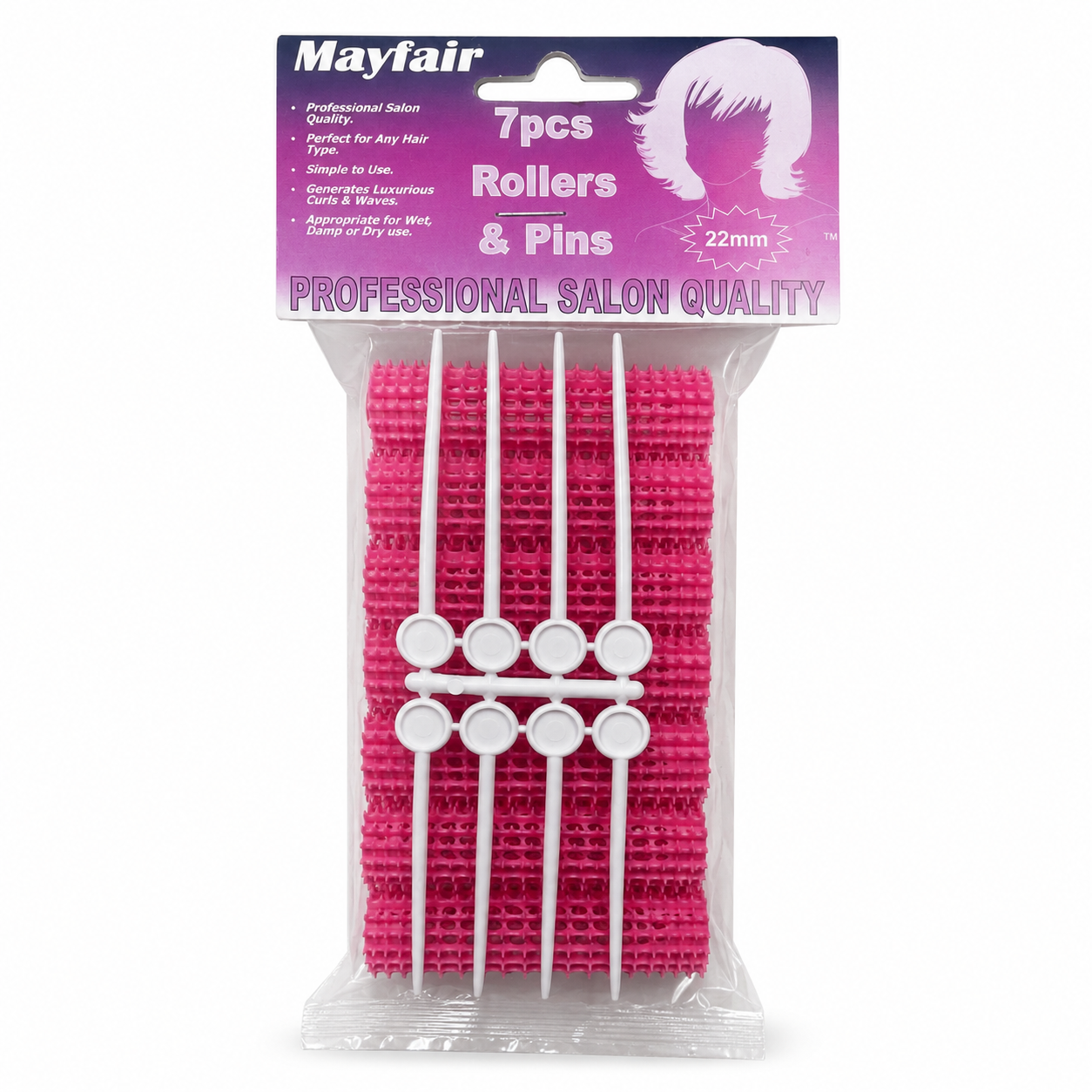 Mayfair 7 Piece Hair Rollers & Pins 22mm in pink, displayed in a clear retail hanging pack on a white background. Includes seven vented hair rollers with matching styling pins, designed to create defined curls, soft waves and long-lasting volume on wet or damp hair, suitable for home or salon styling.
