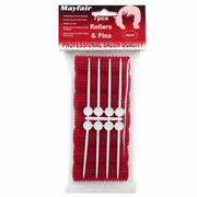 Mayfair 7 Piece Hair Rollers & Pins 26mm in red, displayed in a clear retail hanging pack on a white background. Includes seven vented hair rollers with matching styling pins, designed to create defined curls, soft waves and long-lasting volume on wet or damp hair, suitable for home or salon styling.
