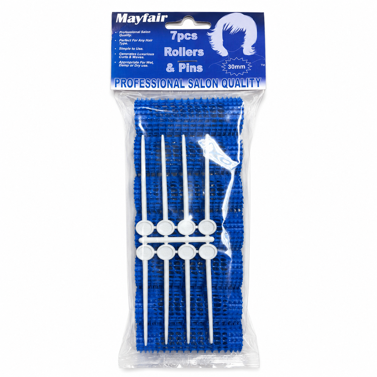 Mayfair 7 Piece Hair Rollers & Pins 30mm in blue, displayed in a clear retail hanging pack on a white background. Includes seven vented hair rollers with matching styling pins, designed to create loose curls, soft waves and added body on wet or damp hair, suitable for home or salon styling.
