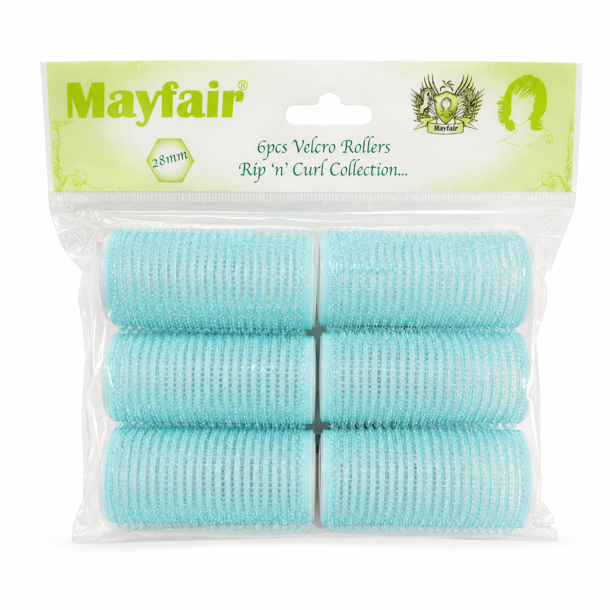 Mayfair 6 Piece Velcro Hair Rollers 28mm in light blue, displayed in a clear retail hanging pack on a white background. Includes six self-grip velcro rollers designed to create defined curls, soft waves and added volume without clips, suitable for use on damp or dry hair for effortless styling.
