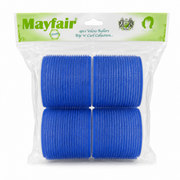 Mayfair 4 Piece Velcro Hair Rollers 78mm in blue, displayed in a clear retail hanging pack on a white background. Includes four extra-large self-grip velcro rollers designed to create maximum volume, loose curls and bouncy blow-dry styles without clips, ideal for use on damp or dry hair.
