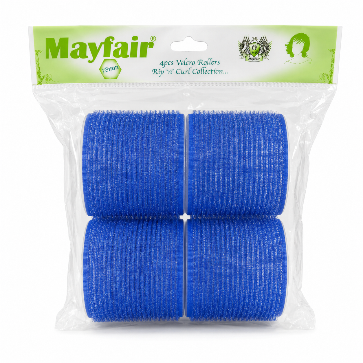 Mayfair 4 Piece Velcro Hair Rollers 78mm in blue, displayed in a clear retail hanging pack on a white background. Includes four extra-large self-grip velcro rollers designed to create maximum volume, loose curls and bouncy blow-dry styles without clips, ideal for use on damp or dry hair.
