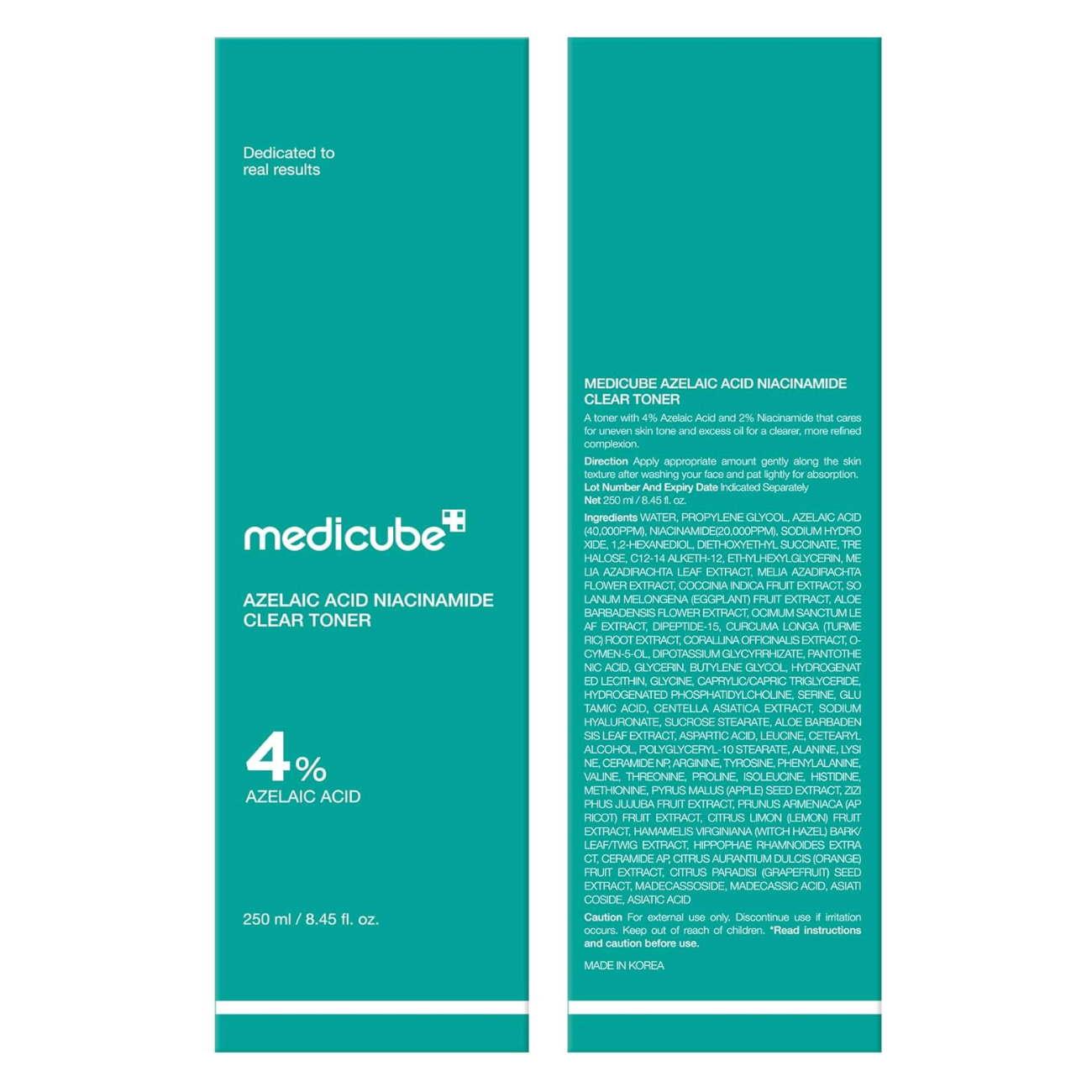 Medicube Azelaic Acid Niacinamide Clear Toner 250ml retail box showing front and back packaging with product information and ingredients.