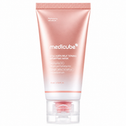 pink medicube collagen milk toning wrapping mask tube with a clear flip cap on a clean white background, featuring niacinamide, collagen water, and glutathione for radiant-looking skin.