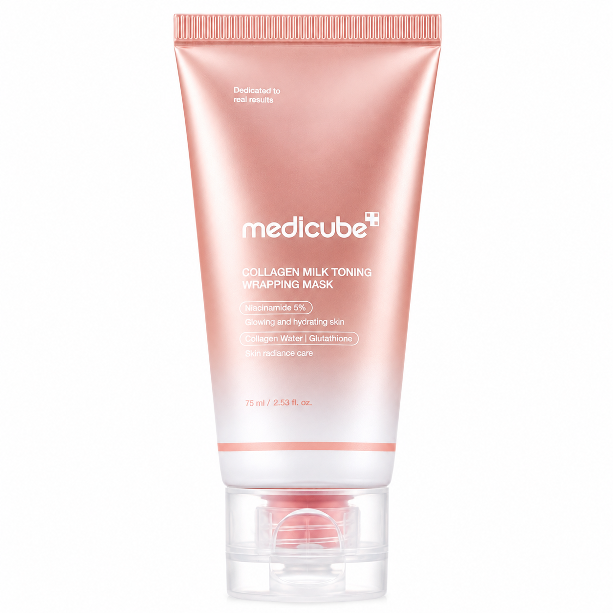 pink medicube collagen milk toning wrapping mask tube with a clear flip cap on a clean white background, featuring niacinamide, collagen water, and glutathione for radiant-looking skin.