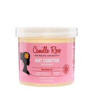 A jar of Camille Rose Mint Condition Nourishing Braiding Gel on a solid white background. The product is in a clear plastic jar showing the pale yellow gel inside, with a pink label featuring a black silhouette of a woman with braided hair.