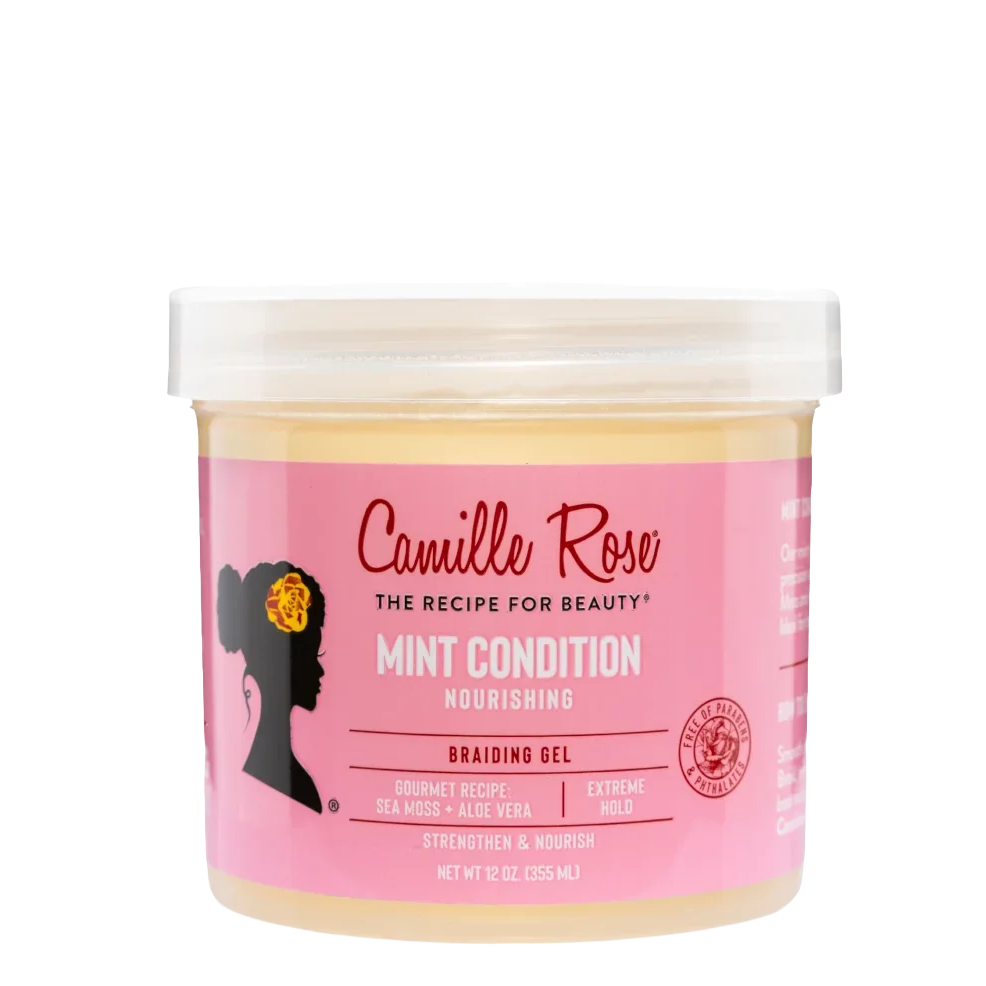 A jar of Camille Rose Mint Condition Nourishing Braiding Gel on a solid white background. The product is in a clear plastic jar showing the pale yellow gel inside, with a pink label featuring a black silhouette of a woman with braided hair.