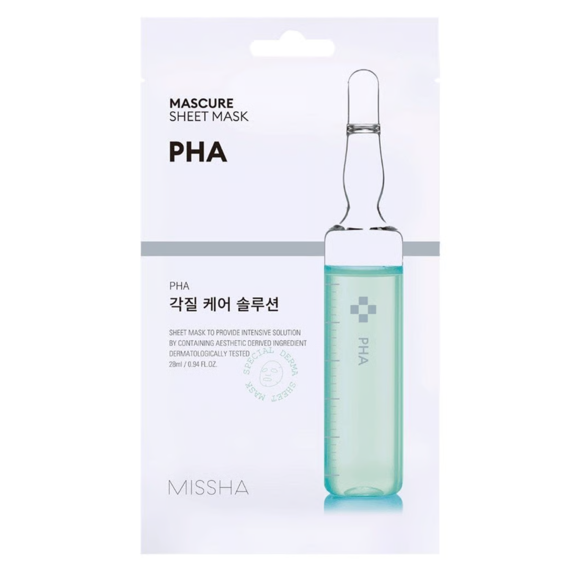 Missha Mascure Peeling Solution Sheet Mask PHA 28ml sachet on white background