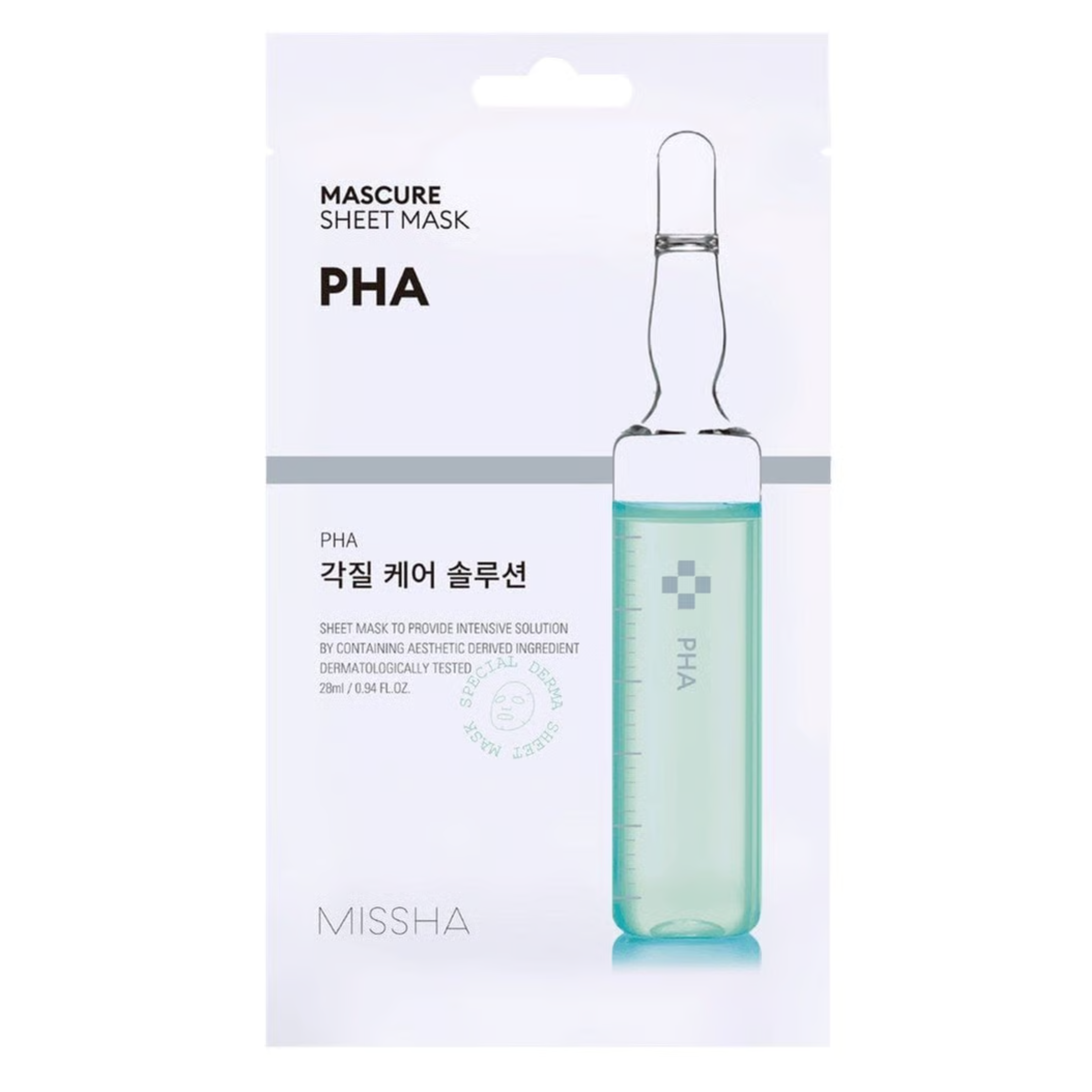 Missha Mascure Peeling Solution Sheet Mask PHA 28ml sachet on white background
