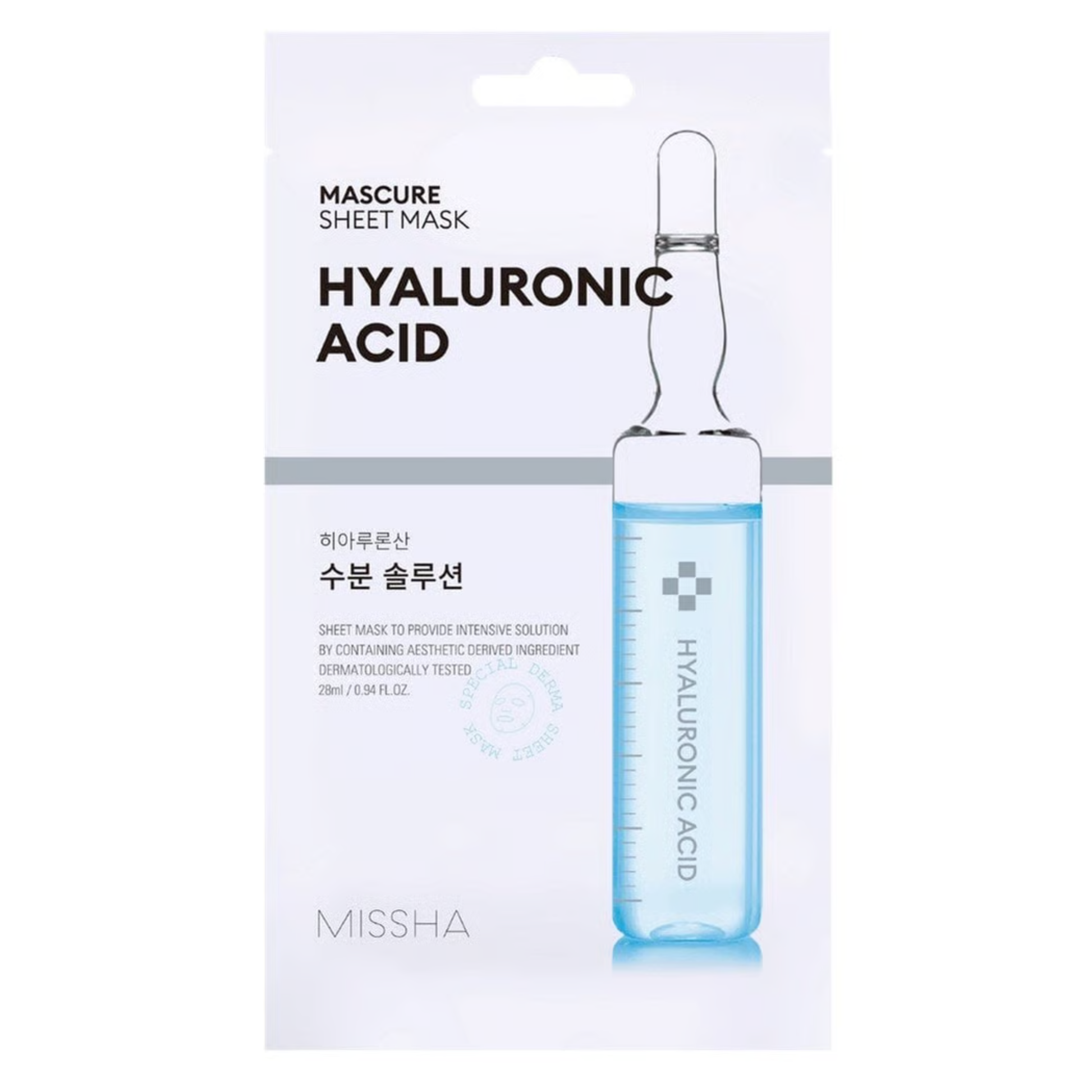 Missha Mascure Solution Sheet Mask Hyaluronic Acid 28ml sachet on white background